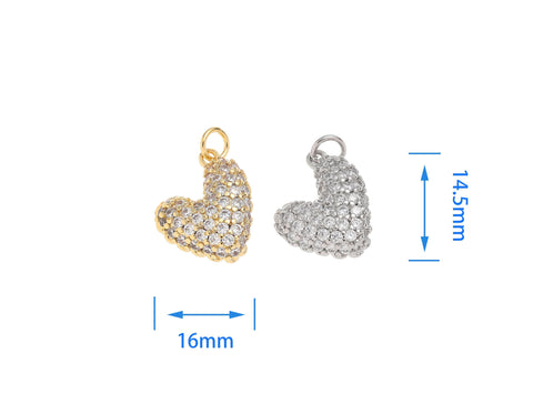 Gold And Silver Pave Puff Heart Charm,Dainty Puff Heart With CZ In Gold And Silver,Pave CZ Heart Charm For Jewelry Making,CPG1449