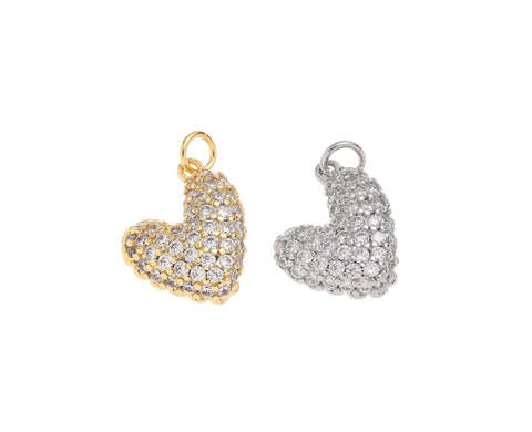 Gold And Silver Pave Puff Heart Charm,Dainty Puff Heart With CZ In Gold And Silver,Pave CZ Heart Charm For Jewelry Making,CPG1449