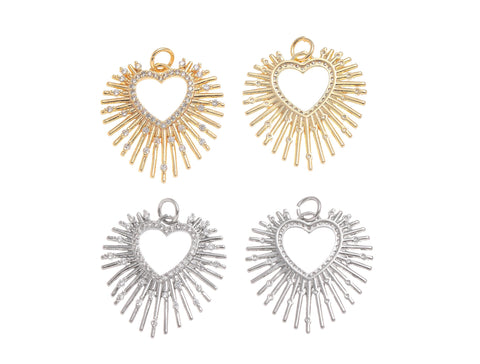 -18k Gold or Silver Heart Starburst, Sacred Heart, CZ Heart Pendant, For Earrings or Necklace, CPG1246, CPS1246