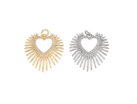 -18k Gold or Silver Heart Starburst, Sacred Heart, CZ Heart Pendant, For Earrings or Necklace, CPG1246, CPS1246
