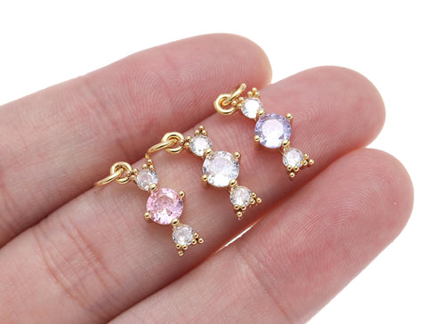 Gold 3 Stone Design Decorative Dainty Charm,Elongated 3 Tier CZ Charm For Jewelry Making,Pink White And Purple CZ ,CPG1456