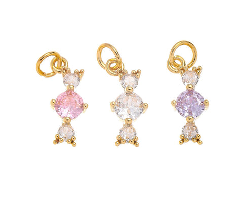 Gold 3 Stone Design Decorative Dainty Charm,Elongated 3 Tier CZ Charm For Jewelry Making,Pink White And Purple CZ ,CPG1456