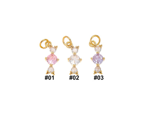 Gold 3 Stone Design Decorative Dainty Charm,Elongated 3 Tier CZ Charm For Jewelry Making,Pink White And Purple CZ ,CPG1456