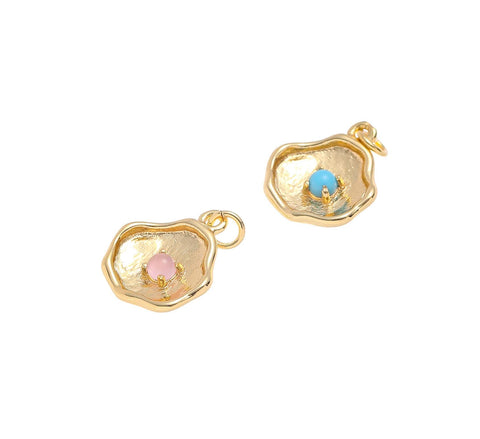 Gold Wavy Free Form Abstract Charm With Turquoise And Rose Quarts,Dainty Wavy Abstract Design Charm For Necklace And Earrings Making,CPG1469