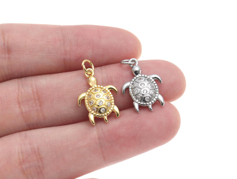 Gold And Silver Sea Turtle Charm With CZ,CZ Turtle Charm,Turtle Charm For Jewelry Making,Dainty Reef Animal Charm,CPG-CPS1546