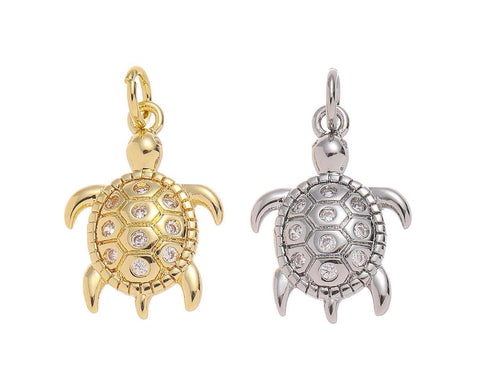 Gold And Silver Sea Turtle Charm With CZ,CZ Turtle Charm,Turtle Charm For Jewelry Making,Dainty Reef Animal Charm,CPG-CPS1546