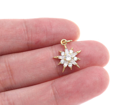 -18k Gold Gold Starburst Pendant, Set with CZ Gold Starburst Charm, Dainty Charm, High polished shiny finish, Minimalist jewelry, CPG1567-1