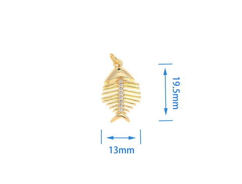 -18k Gold Fishbone Charms, Gold Plated Brass Fishbone Pendant, Fish Skeleton Pendant, CPG1563