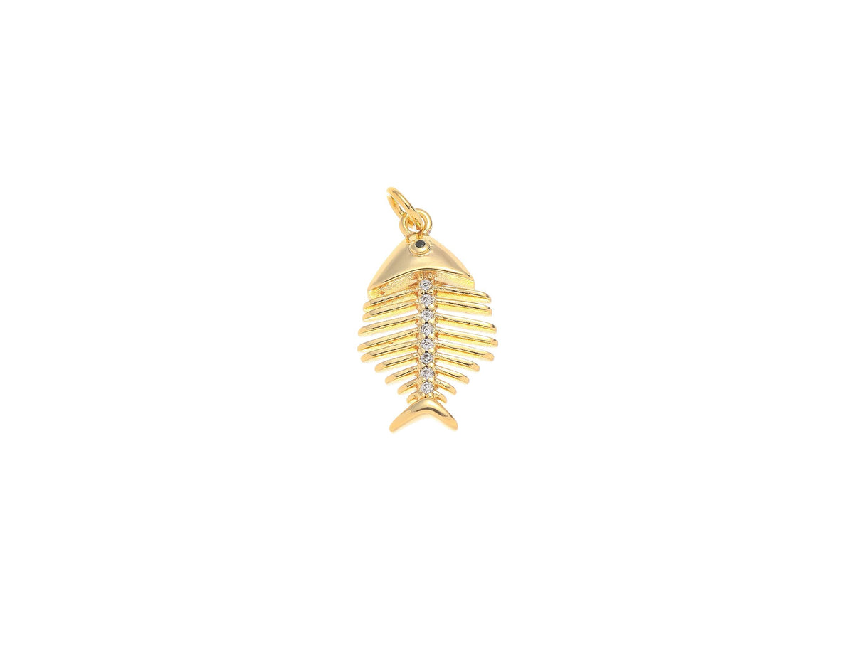 -18k Gold Fishbone Charms, Gold Plated Brass Fishbone Pendant, Fish Skeleton Pendant, CPG1563