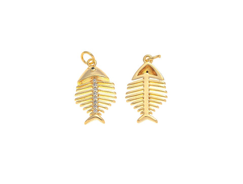 -18k Gold Fishbone Charms, Gold Plated Brass Fishbone Pendant, Fish Skeleton Pendant, CPG1563