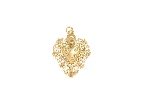 -18k Gold Double Heart Charm, Gold Hammered Heart Charm, Lace Detail Gold Charm, CPG2161