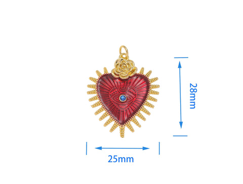 -18k Gold Enamel All seeing eye Red Heart Charm, Gold Heart charm, All seeing eye, Rose Details Gold Heart charm, Dainty Heart Charm, CPG2199