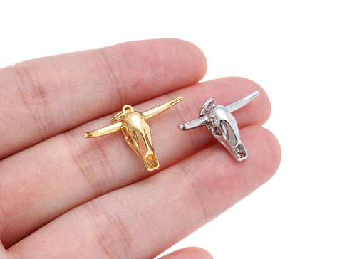 -18k Gold or Silver Bull Skull Charm or Pendant, Decorative steer charm, Cowboy/ Cowgirl Animal Jewelry, Minimalist Jewelry, CPG1452, CPS1452