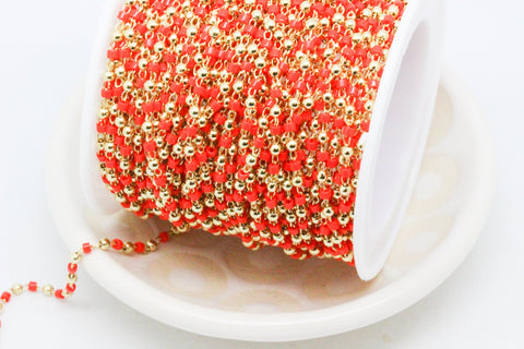 Delicate Cadminum Red 2mm miyuki delica with gold beaded chain by footage, WHOLESALE