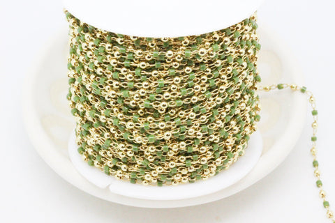 Delicate Lizard Green 2mm miyuki delica with gold beaded chain by footage, WHOLESALE