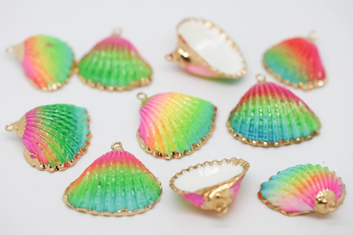 2 pcs Rainbow shaded or Purple shaded Sea Shell with Gold Trimming Pendant, WHOLESALE