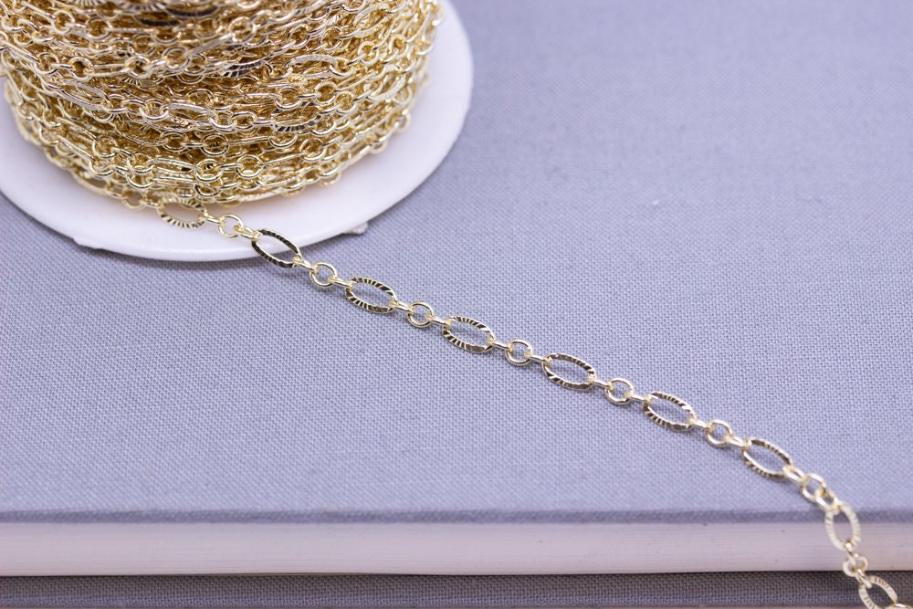 14k Real Gold Plated Laser cut fancy link chain, by footage, CHG025