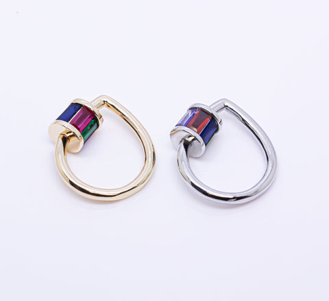 Gold or Silver Rainbow Baguette cz set Teardrop Carabiner Lock, Screw on Clasp, 1 pc or 10 pcs, WHOLESALE