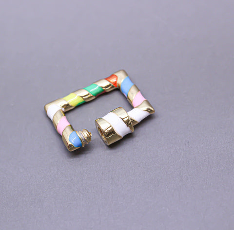 Rainbow/Gold Enamel 15x19mm Rectangle Candy Cane Carabiner lock, Screw Clasp, Screw on Clasp, 1 pc or 10 pcs, WHOLESALE