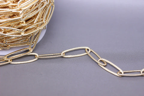 Gold Textured PaperClip Chain, Gold Elongated Oval Link Chain, 20x7mm, Oval Chain, Textured Link, 1 ft, 10 ft, 30 ft, WHOLESALE, CH-10052