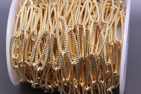Gold Textured PaperClip Chain, Gold Elongated Oval Link Chain, 20x7mm, Oval Chain, Textured Link, 1 ft, 10 ft, 30 ft, WHOLESALE, CH-10052