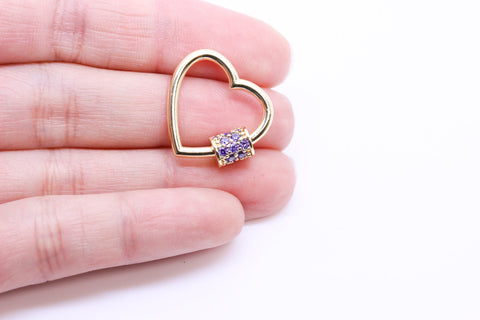 Gold Amethyst Heart CZ Screw on Clasp, Carabiner Lock, 1pc or 10 pcs, WHOLESALE