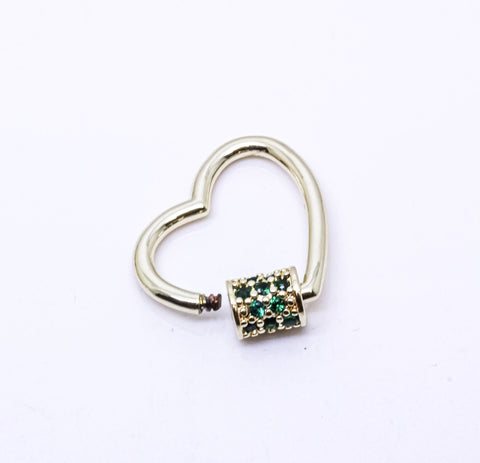 Gold Emerald Green cz Heart Carabiner Lock, 20mm, Screw on clasp, Open Heart Lock, 1pcs or 10 pcs, WHOLESALE