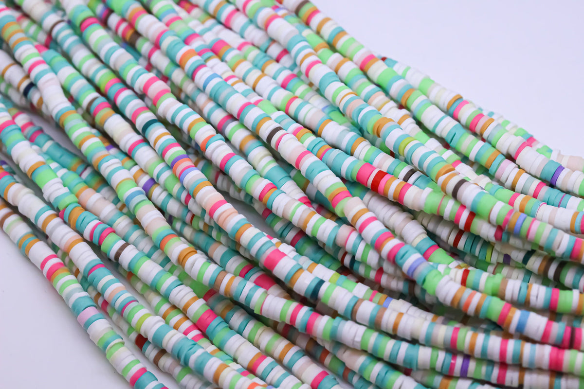 4mm White Green Rainbow Color Hue Mix Wheel Beads, Rainbow wheel beads, Polymer Clay, 4mm, Full Strand, 1 str or 10 str, WHOLESALE