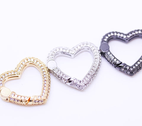 Gold, Silver or Gunmetal Small Full Pave Heart Spring Gate Ring, Double Sided, 20mm, 1 pc or 10 pcs, WHOLESALE