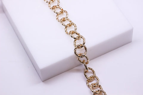 Gold Textured Round Fancy Link Chain, 10mm, Gold Layering Chain, Sell by Footage, Non Tarnish, WHOLESALE
