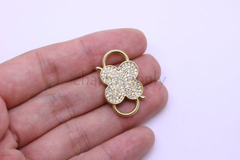 Gold or Silver Cz Set 2 side clicker Flower Clasp, 13x25mm, Flower Clover double Clicker ends, Clicker Connector, 1 pc or 10 pcs, WHOLESALE