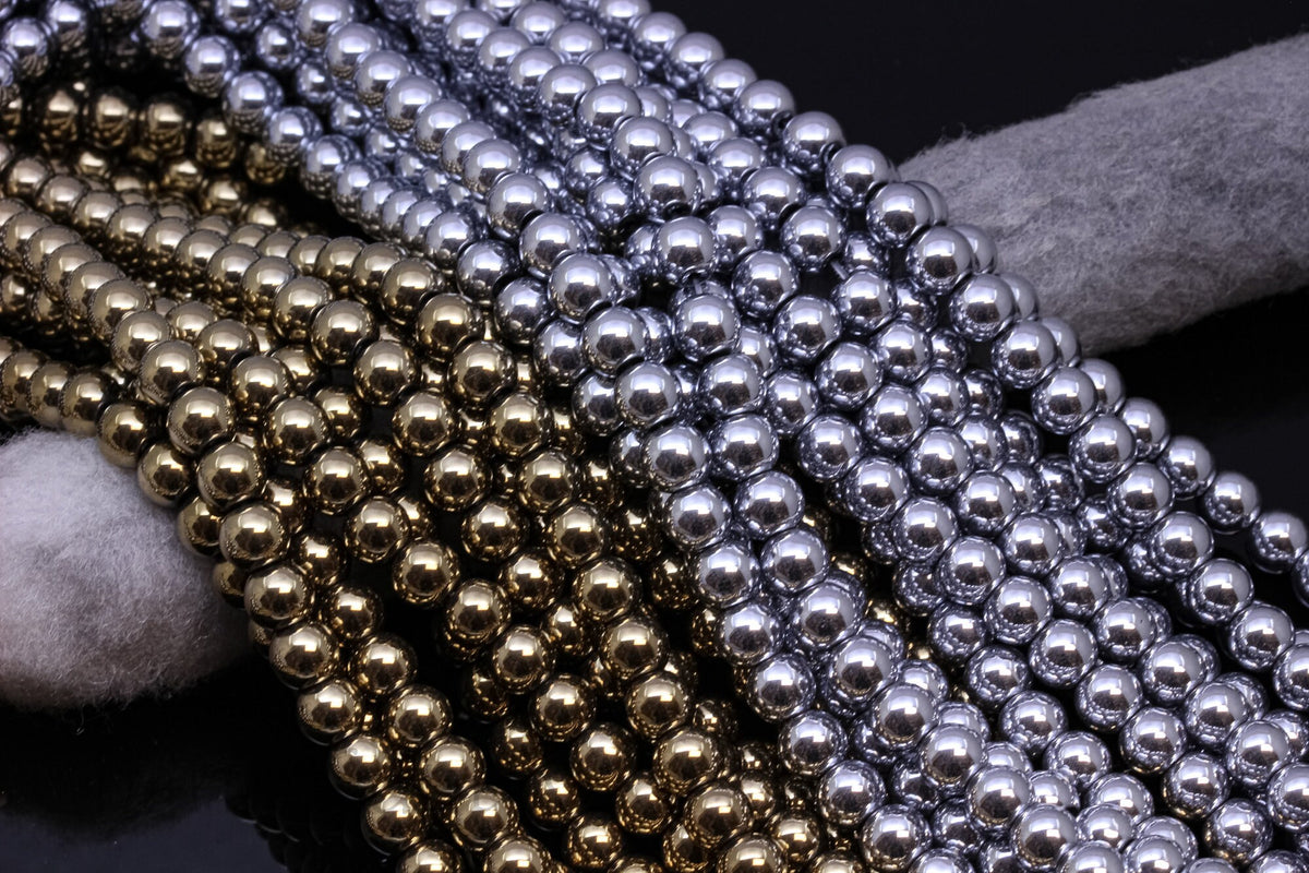 Pyrite Gold or Silver Hematite Plain Round beads,3mm,4mm,5mm,6mm,Titanium Plated,Non Tarnish,Full Strand,15.5 inches,WHOLESALE.HEM-1033-1036