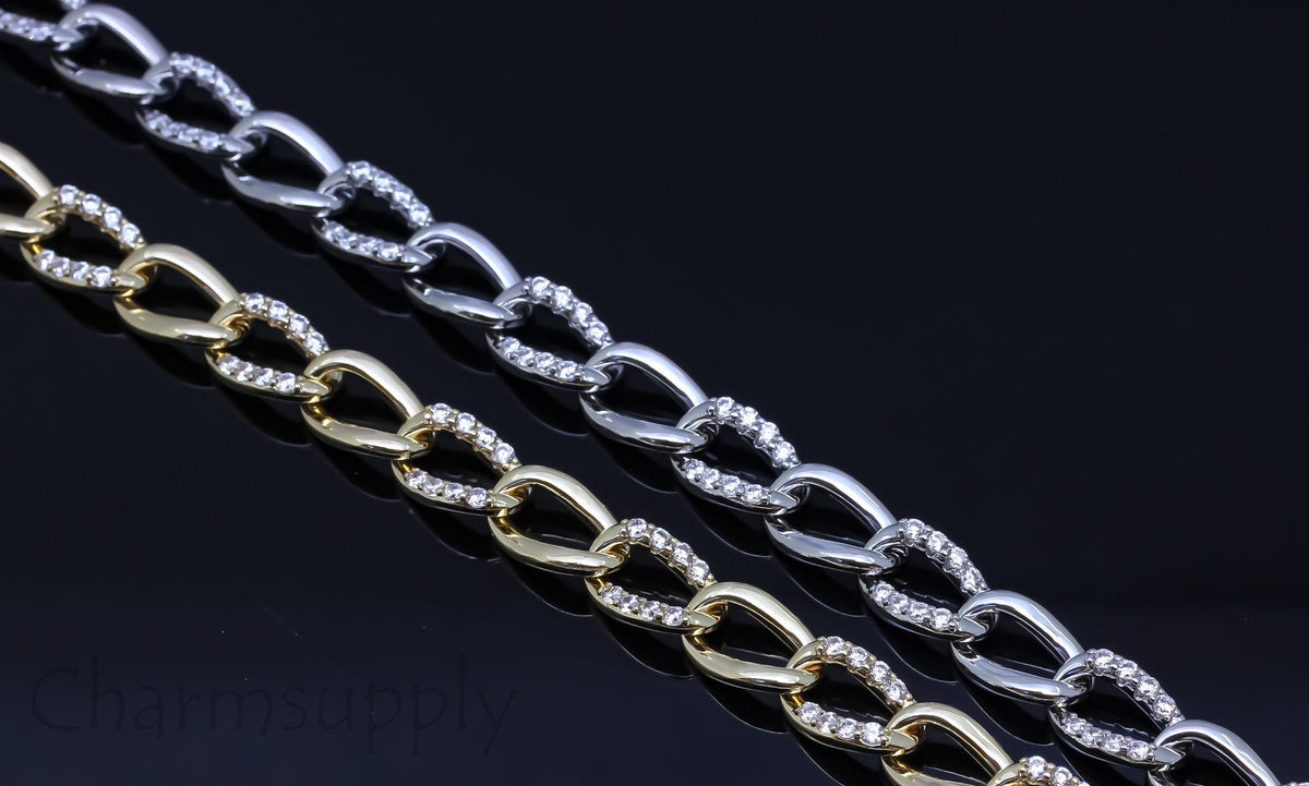 Gold or Silver Cz Intertwine Curb Chain, Sophisticated look, Pave Curb chain, 1 ft, 10 ft, or 30 ft, WHOLESALE, CH-100223
