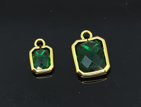 2 pcs of Small or Large Gold Bezel set Emerald shade Rectangle CZ Drops, 7x8.5mm or 12x10mm, 2 pcs or 10 pcs, WHOLESALE