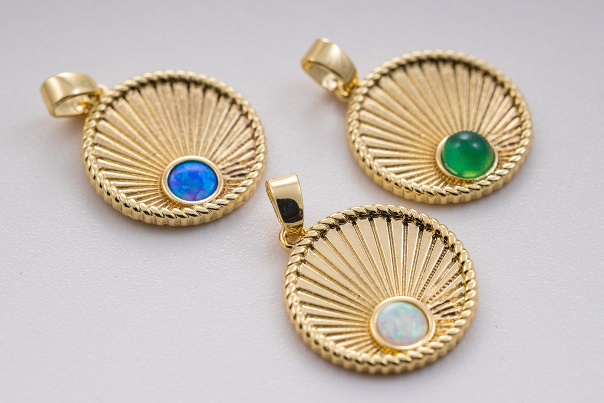 Gold Sunray Opal and Stone Round pendant, 16mm, 3 types of stones, Sun Ray Jewelry, Glimpse of Hope, 1 pc or 10 pcs, WHOLESALE