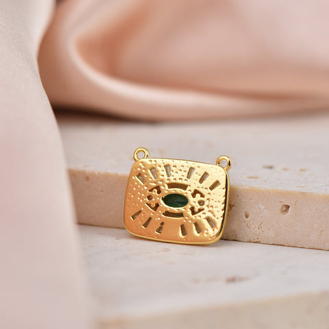 Gold Rectangle Connector Charm With Baguettes And Emerald Green CZ In The Middle, MP8-198