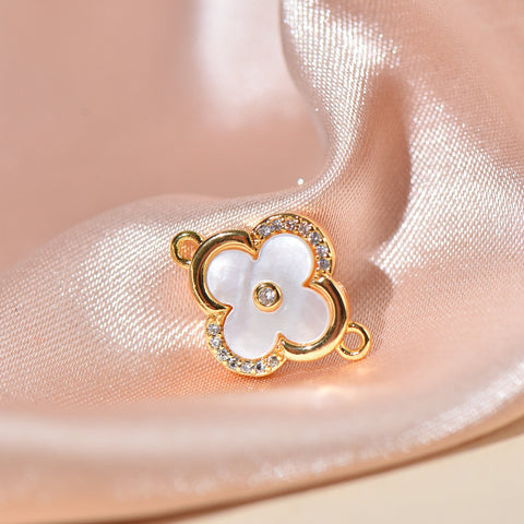Gold Clover Charm And Connector Charm For Bracelet,Dainty CZ Flower , MP6-56
