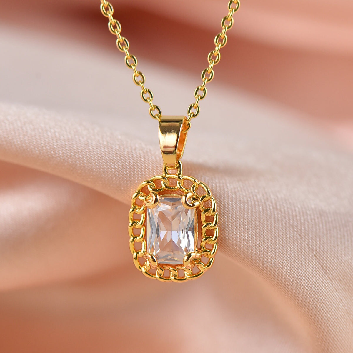 Gold Connector Charm For Necklace, CZ Connector Charm With Radiant Cut Stone In The Middle, MP4-31