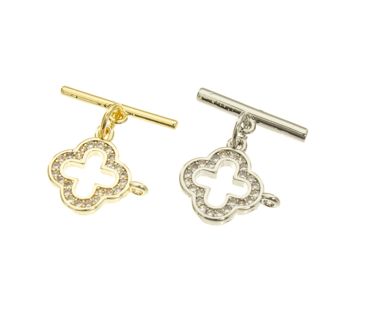 Clover Pave Toggle Clasp,CZ Flower Toggle Clasp,Gold Pave CZ Toggle Clasp For DIY Jewelry,CLG004,CLS004