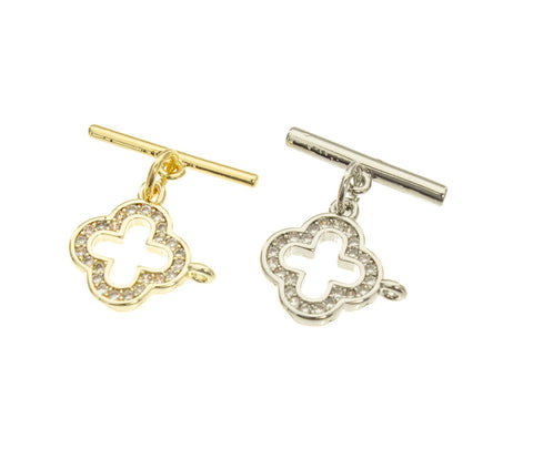 Clover Pave Toggle Clasp,CZ Flower Toggle Clasp,Gold Pave CZ Toggle Clasp For DIY Jewelry,CLG004,CLS004