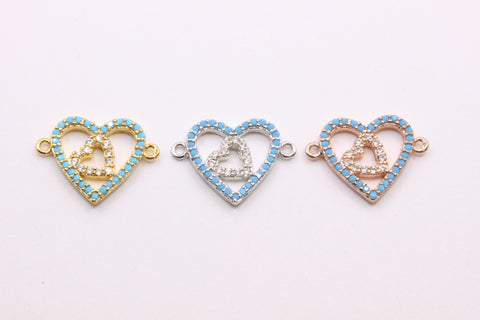 Colorful Turquoise trimmed cz Heart Connector, Double heart, Love Link, Link to heart, CPG073, CPS073,CPR073
