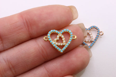 Colorful Turquoise trimmed cz Heart Connector, Double heart, Love Link, Link to heart, CPG073, CPS073,CPR073